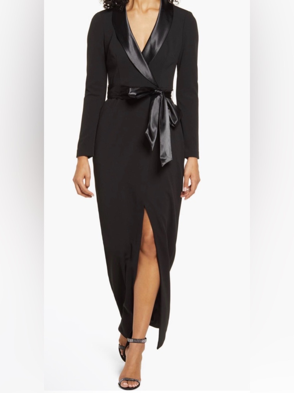 Eliza J Black Satin-Trim Wrap Maxi Dress with Front Slit